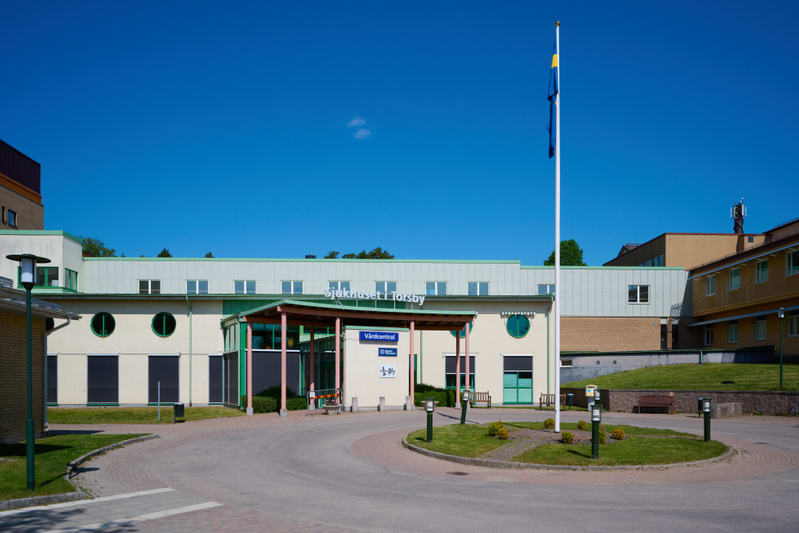 En fasadvy av en sjukhusbyggnad med texten "Sjukhuset i Torsby" synlig ovanför entrén. En svensk flagga vajar från en flaggstång till höger i bilden. Framför byggnaden finns en asfalterad cirkulär infart omgiven av gräsytor och små buskar.