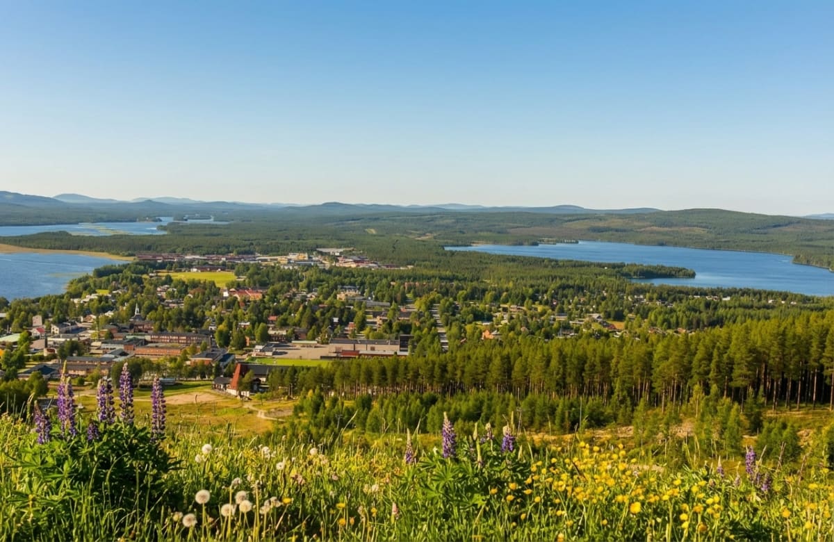 En vidvinkelbild från ovan visar ett samhälle omgivet av grönska, sjöar och skog under en klarblå himmel. I förgrunden syns blommor som lupiner och maskrosor, medan bakgrunden domineras av barrskog och bergskedjor.