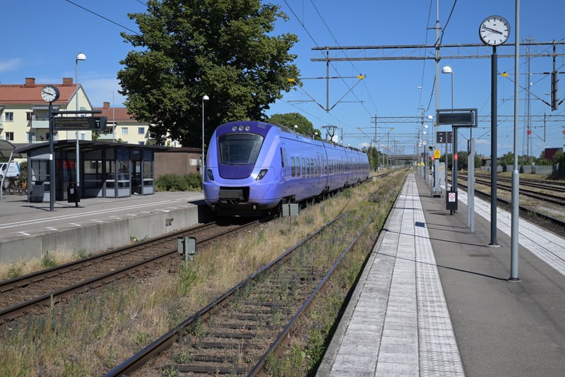 En blått tåg står stilla vid en perrong på en tågstation. Himlen är klarblå med enstaka vita moln. Runt spåren växer gräs och ogräs. I bakgrunden syns bostadshus och träd.