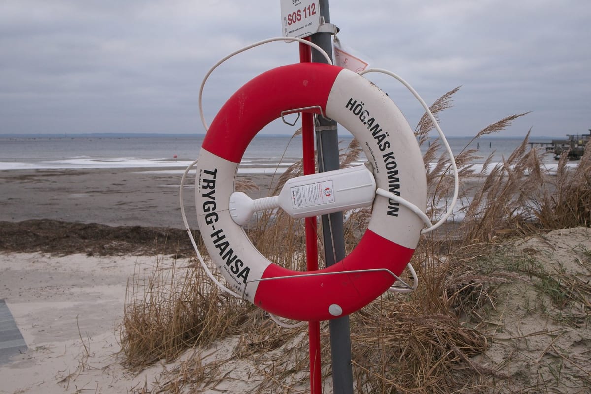 En röd- och vitrandig livboj med texten "TRYGG-HANSA" och "HÖGANÄS KOMMUN" hänger på en stolpe intill en sandstrand. I bakgrunden syns hav och en grå himmel, samt vissna grässtrån på stranden.
