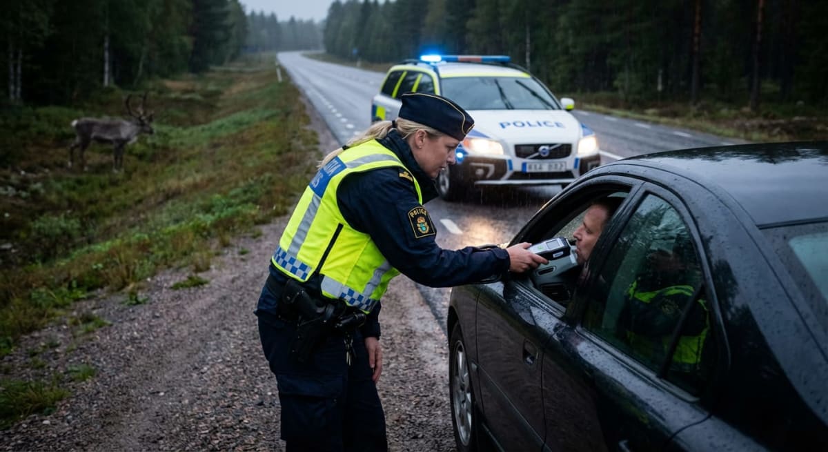 En kvinnlig polis i blå uniform och gul reflexväst utför en nykterhetskontroll på en man i en mörk bil med hjälp av en alkometer. En polisbil står i bakgrunden med blåljusen på, och en ren syns bredvid vägen i skogen.