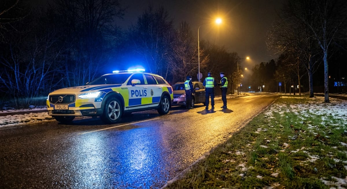 En polisbil med blåljus står parkerad på en våt vägbana i mörker. Tre personer klädda i självlysande västar står vid en annan bil. Vägrenen är täckt av gräs och snöfläckar. Gatlyktor lyser upp vägen och omgivningen.