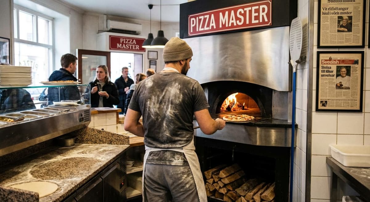 En kock i grå kläder och mössa har ryggen mot kameran och placerar en pizza i en vedeldad pizzaugn. I bakgrunden syns medarbetare och gäster i en inomhusmiljö som liknar en restaurang eller café. Väggarna är vita och det hänger tavelramar med tidning