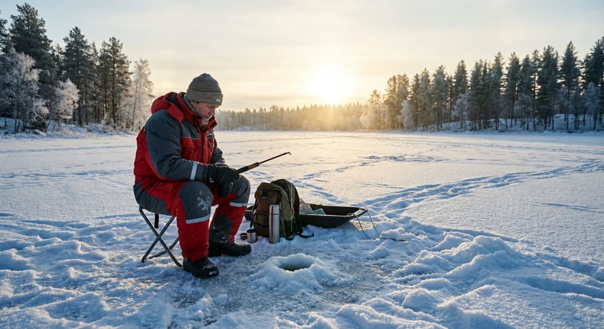 En person sitter på en pall och pimplar på en snötäckt, isig yta. Bredvid personen står en ryggsäck, en termos och en pulka med utrustning. I bakgrunden syns snötäckta träd och solnedgången/soluppgången reflekteras på isen.