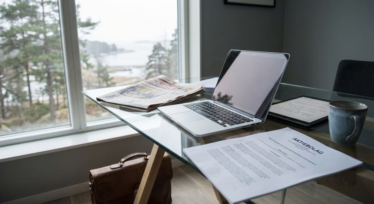 En inifrån tagen bild visar ett skrivbord med fönsterutsikt mot grå himmel, träd och vad som ser ut att vara vatten. På glasbordet ligger en uppslagen bärbar dator, en tidning med rubriken "Dagens Industri", en surfplatta, ett papper märkt "AKTIEBOLA