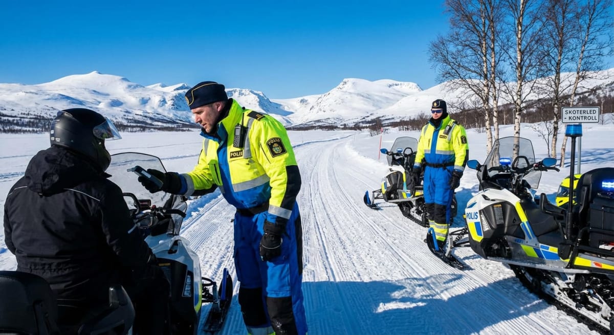 Bilden visar blåklädda poliser i reflexvästar som utför en skoterkontroll på en snötäckt väg bland fjäll. En polis håller en alkometer mot en person på en snöskoter. Två polisskotrar och en skylt med texten ”Skoterled – Kontroll” syns i miljön.