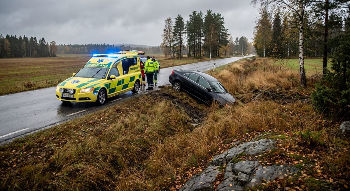 Trafikolycka på E4 i Älandsbro — bil körde in i lyktstolpar