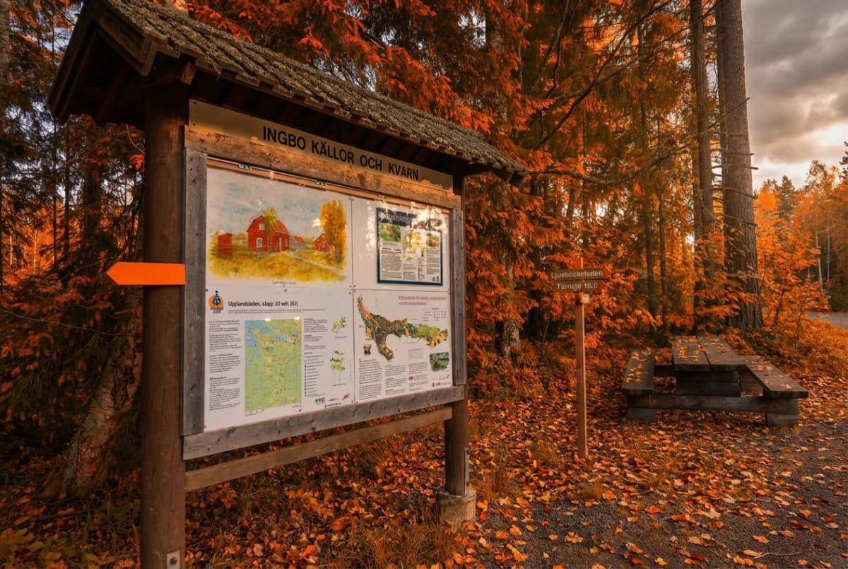 En informationsskylt som visar en karta och text står i förgrunden till vänster i en skog fylld med höstlöv. Till höger syns ett träbord med bänkar och ytterligare en skylt. Mark och träd är täckta av orangefärgade löv under en molnig himmel.