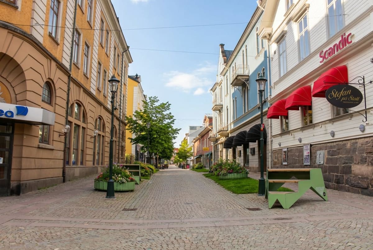 En gata med gatsten belagd mark och byggnader på båda sidor. På vänster sida finns en gul byggnad med entréskylten för "Idea", medan på höger sida finns en vit byggnad med texten "Scandic" och röda markiser. Grönskande träd och blomlådor är placerade