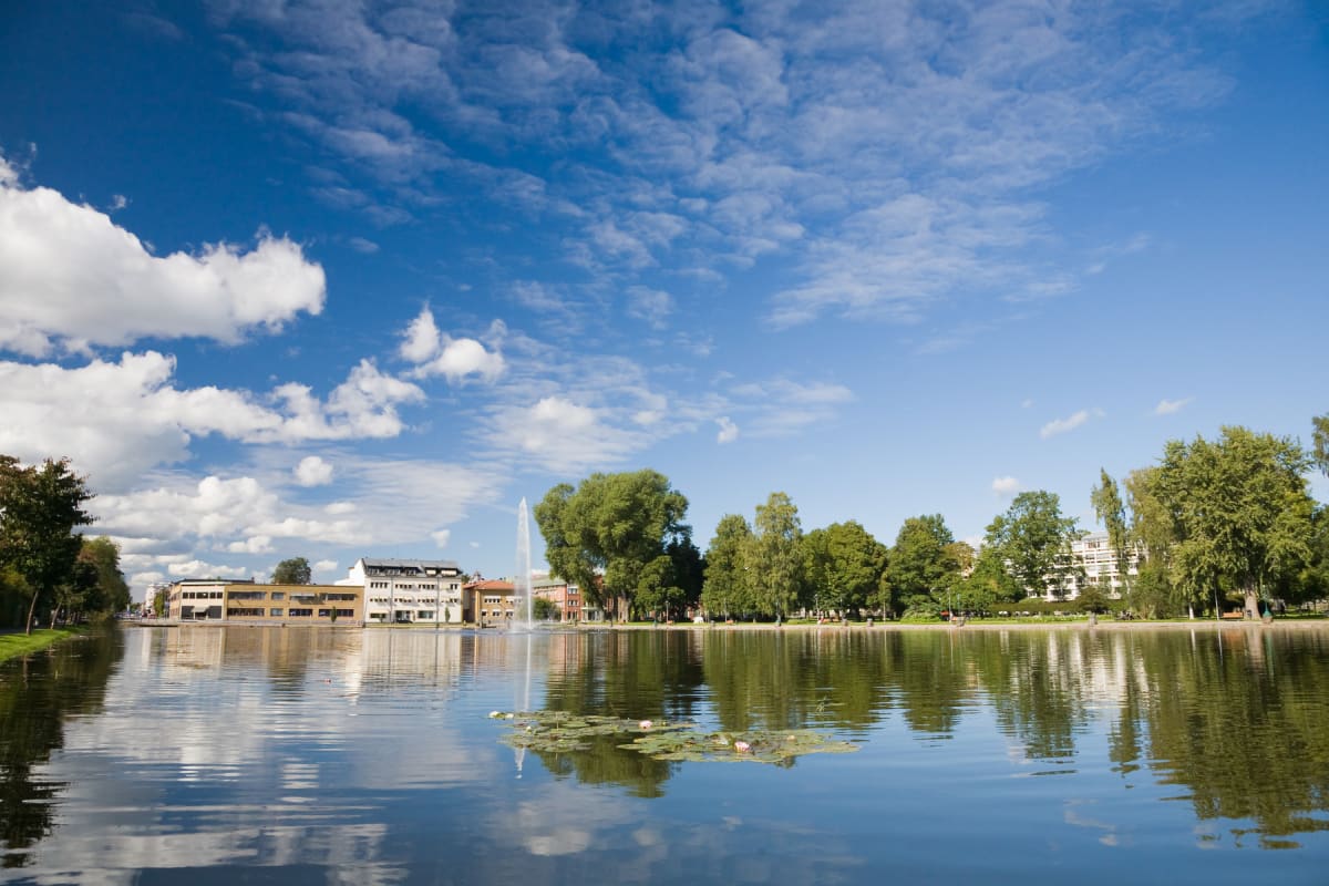 En bild tagen över vatten en solig dag, som visar en park, stadssilhuett och en fontän. Vattendaggen i förgrunden reflekterar himlen och omgivningen. En del näckrosor flyter på vattenytan, och det finns ett flertal träd och byggnader längs stranden u