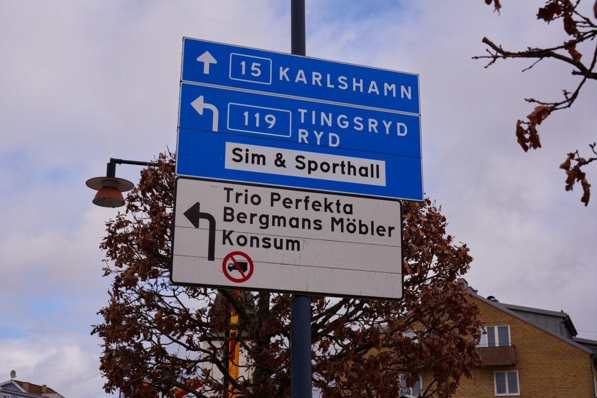 En vägskylt med blå och vita fält står mot en gråmulen himmel. Skylten visar vägbeskrivningar och information om platser som Karlshamn, Tingsryd, Sim & Sporthall, Trio Perfekta, Bergmans Möbler och Konsum. Ett träd med bruna löv står bakom skylten oc