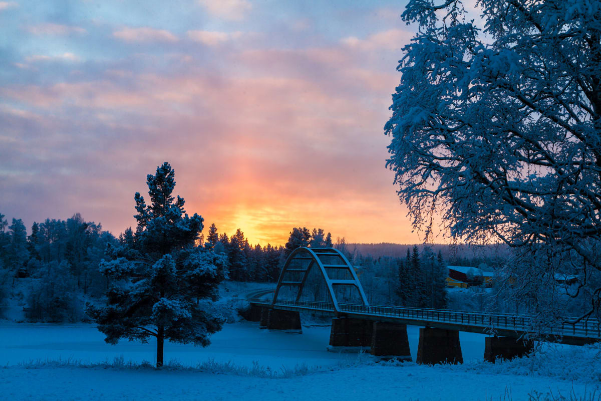 En vinterbild tagen under soluppgång eller solnedgång, med ett ljust orange och rosa sken på himlen. Ett snötäckt landskap med ett fruset vattendrag syns i förgrunden, omgivet av snöklädda träd, buskar och en bågbro.