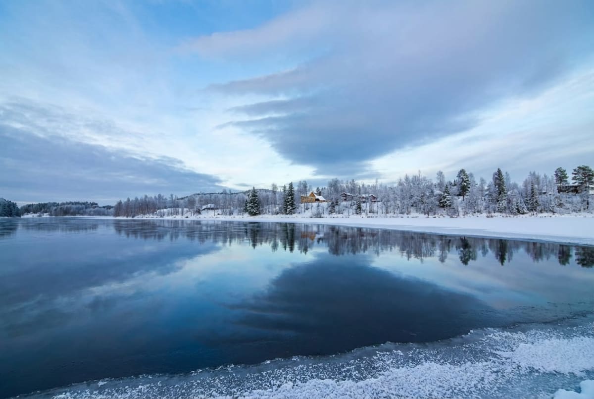 En vinterbild som visar ett delvis fruset, öppet vatten med reflekterande yta. Längs stranden syns snötäckta träd och buskar, blandat med tallar. I bakgrunden syns snötäckta hus och en skogig kulle under en molnig himmel.