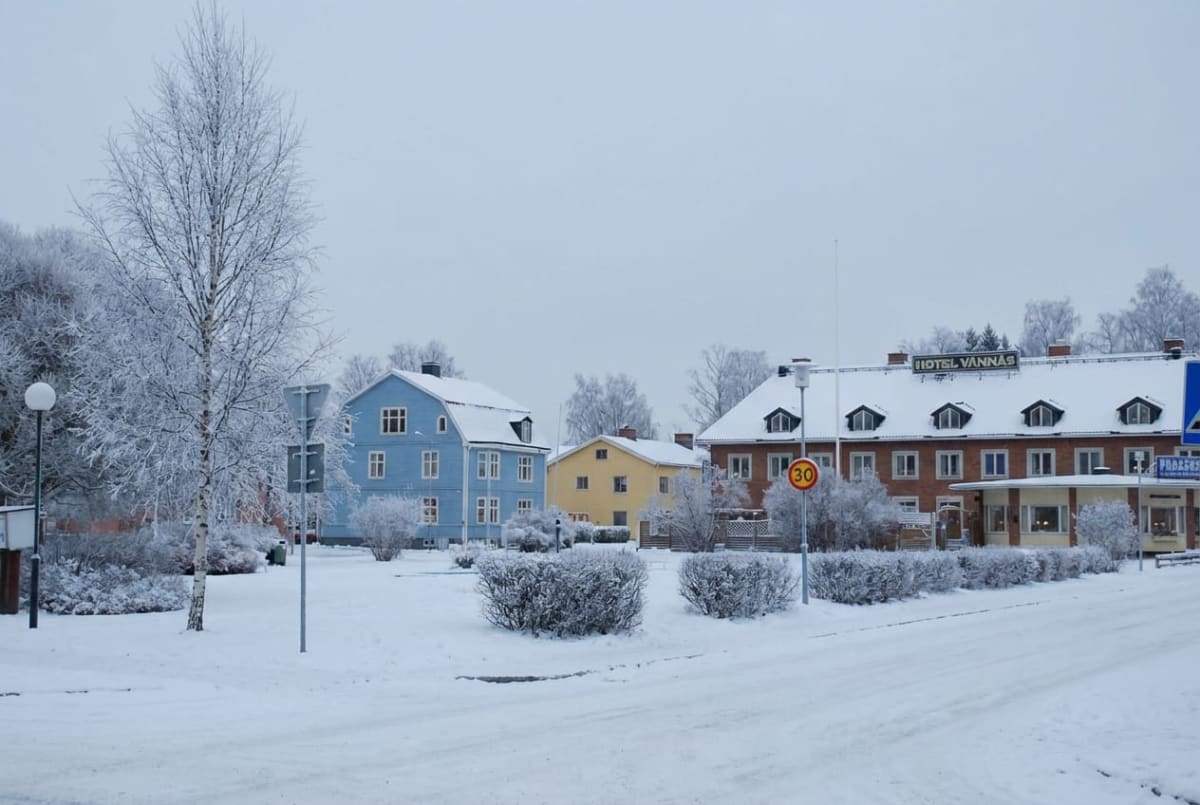 En vinterbild av ett snötäckt område med flera byggnader och träd. En blå byggnad syns till vänster, en gul i mitten och en större tegelbyggnad med texten "HOTEL VANNÄS" till höger. Vägar och buskar är täckta av snö, och frostiga träd står mot en grå
