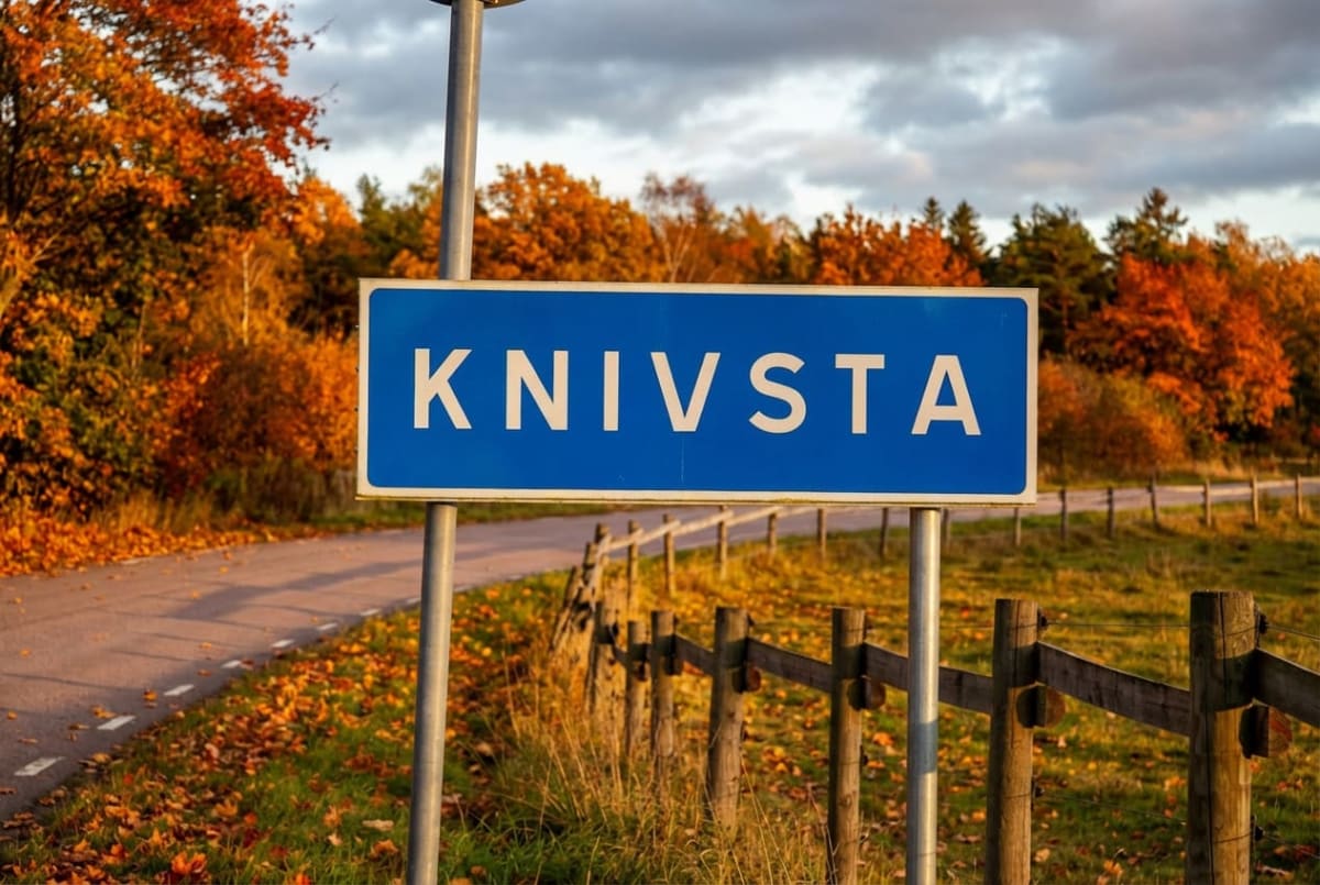 En blå skylt med texten "KNIVSTA" i vita bokstäver står centralt i bilden. Bakom skylten sträcker sig en asfalterad väg till vänster, och till höger syns ett trästaket. Lövträd med höstfärger i orange och rött omger området under en molnig himmel.