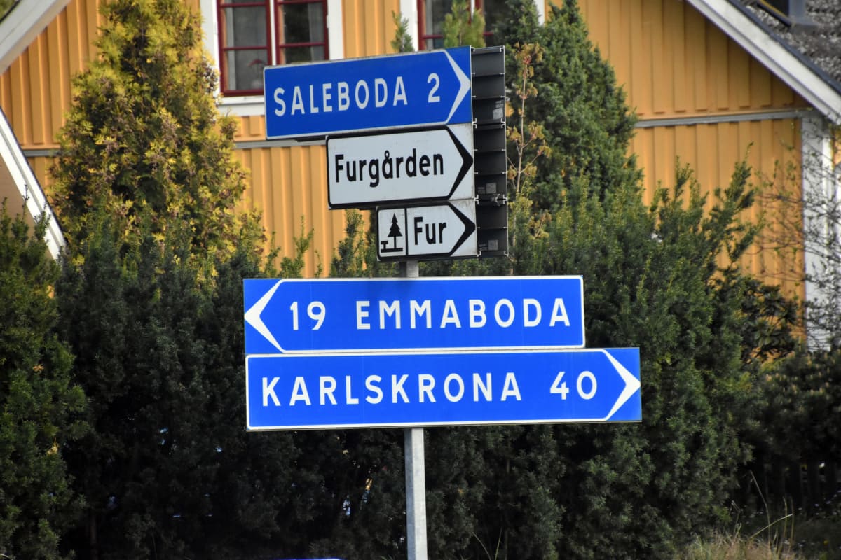 En bild som visar en metallstolpe med flera blåa och vita vägskyltar. Vissa skyltar pekar åt vänster, andra åt höger. I bakgrunden syns gröna buskar och en gul byggnad med ett rött fönster.