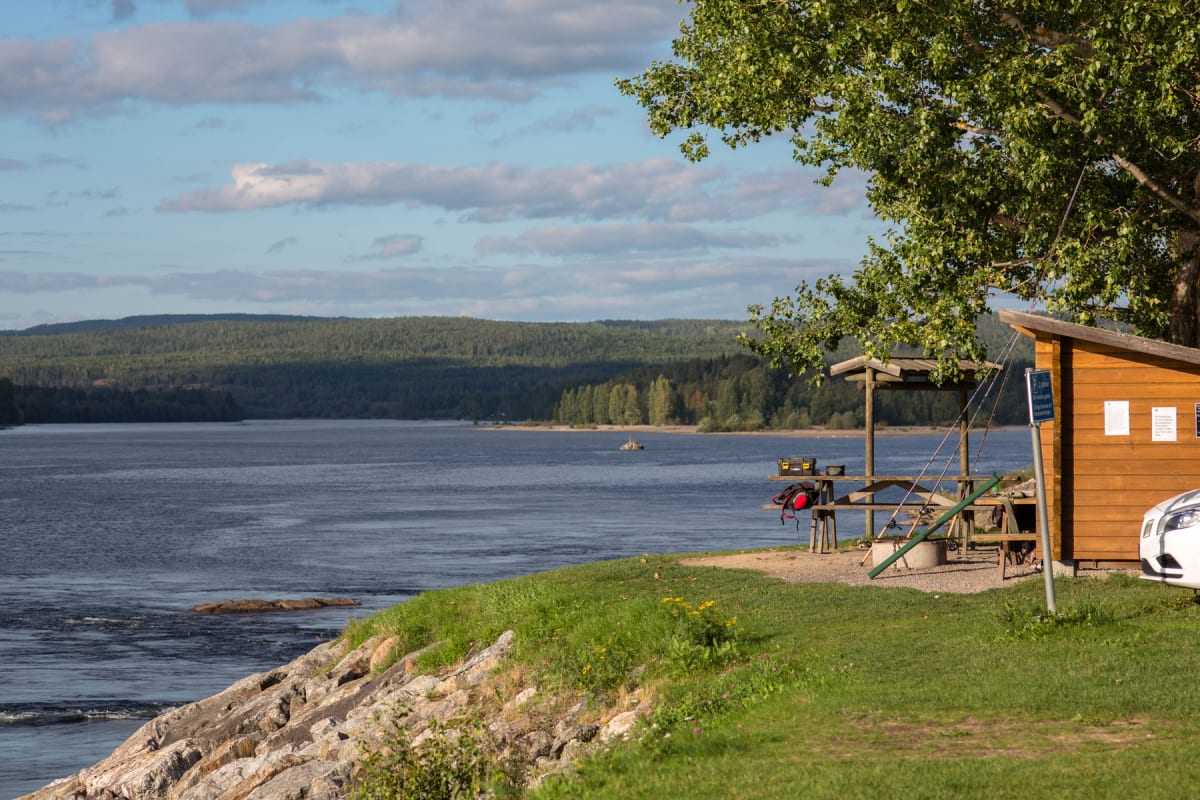 En bild en sjö eller större vattendrag med skogslandskap i bakgrunden under en klarblå himmel med moln. I förgrunden finns gräs och stenar samt en trähytt och en bänk med utrustning bredvid en stor träd. En vit bil syns delvis.