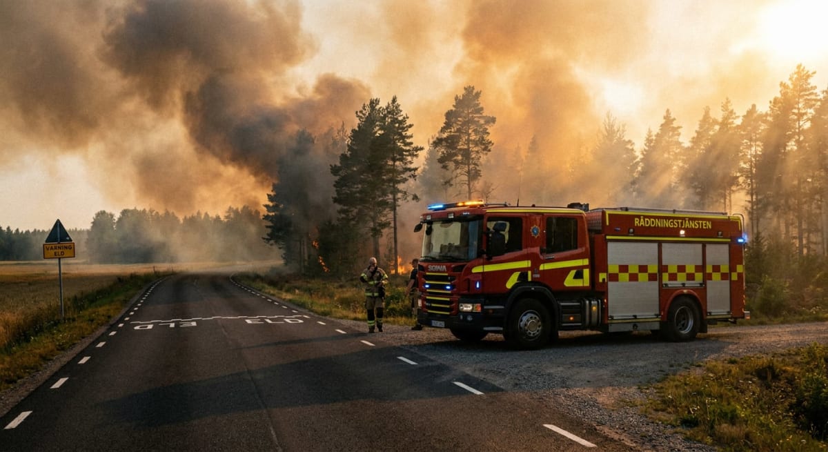 En brandbil med texten "RÄDDNINGSTJÄNSTEN" står parkerad vid sidan av en asfalterad väg. I bakgrunden syns skog med en pågående brand som genererar mycket rök och lågor. En brandman i full utrustning ses stå intill brandbilen och det är även dimma vi