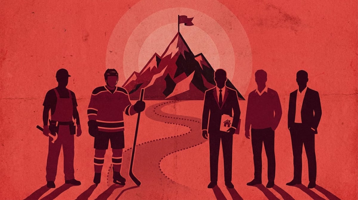En illustrerad bild i röda nyanser visar fem silhuetter av män i olika yrkeskläder framför ett berg med en väg som leder upp till en flagga. En av männen är en byggarbetare, en annan en ishockeyspelare och en tredje håller i papper med ett hus på. Ba