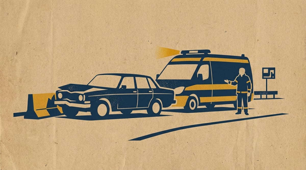 En illustration av en olycksplats med en krockad bil och en utryckningsbil på en brun bakgrund. Bredvid utryckningsbilen står en person i uniform. Båda fordonen är mörkblå med gula detaljer och markeras av en gul ljuskägla från utryckningsbilen.