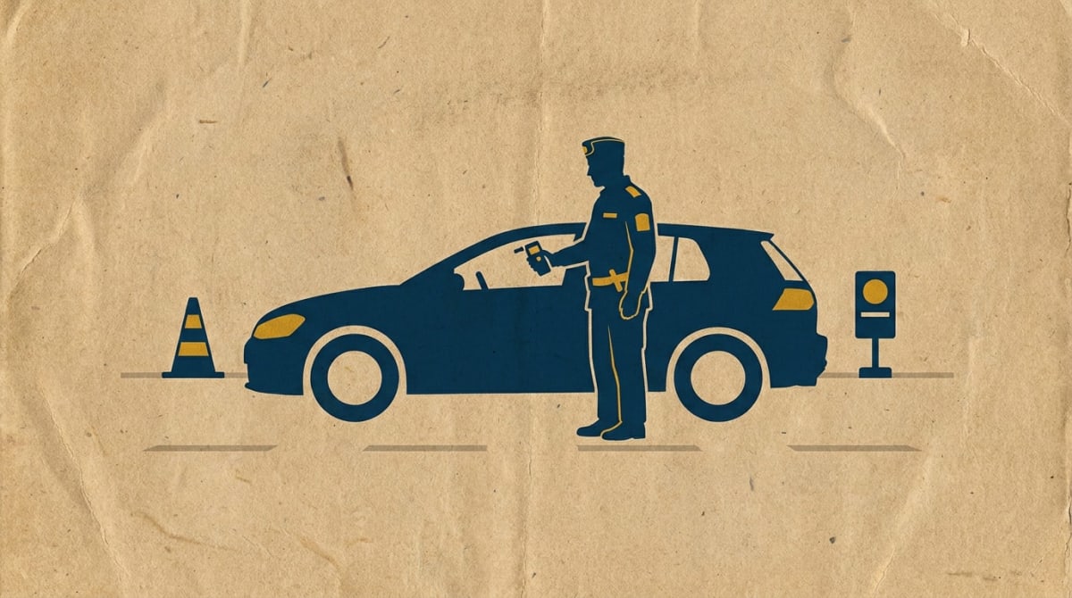 En stiliserad illustration på en texturerad bakgrund föreställande en uniformerad person som står bredvid en bil och håller en alkometer. En trafikkon och en hastighetskontrollkamera syns också.