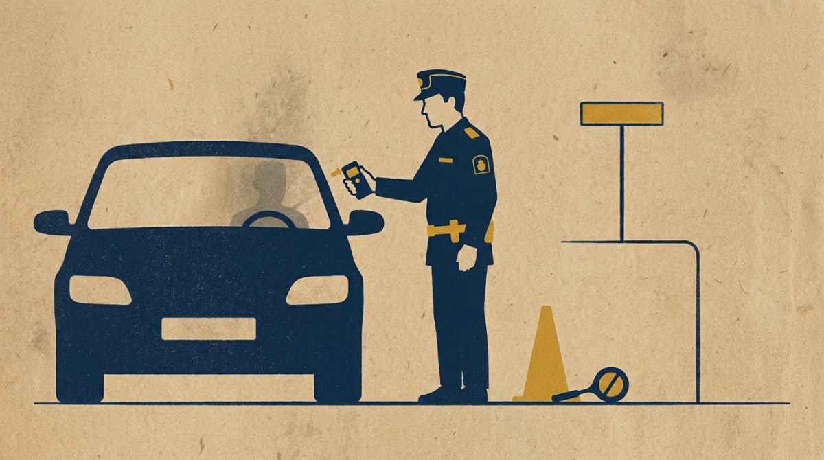 En stiliserad illustration som föreställer en person i uniform (liknande polis) som håller en alkoholmätare mot en bilruta. Bilen är mörkblå med en diffus skugga av en förare synlig inuti. Bredvid uniformspersonen finns en gul trafikkon och vad som s