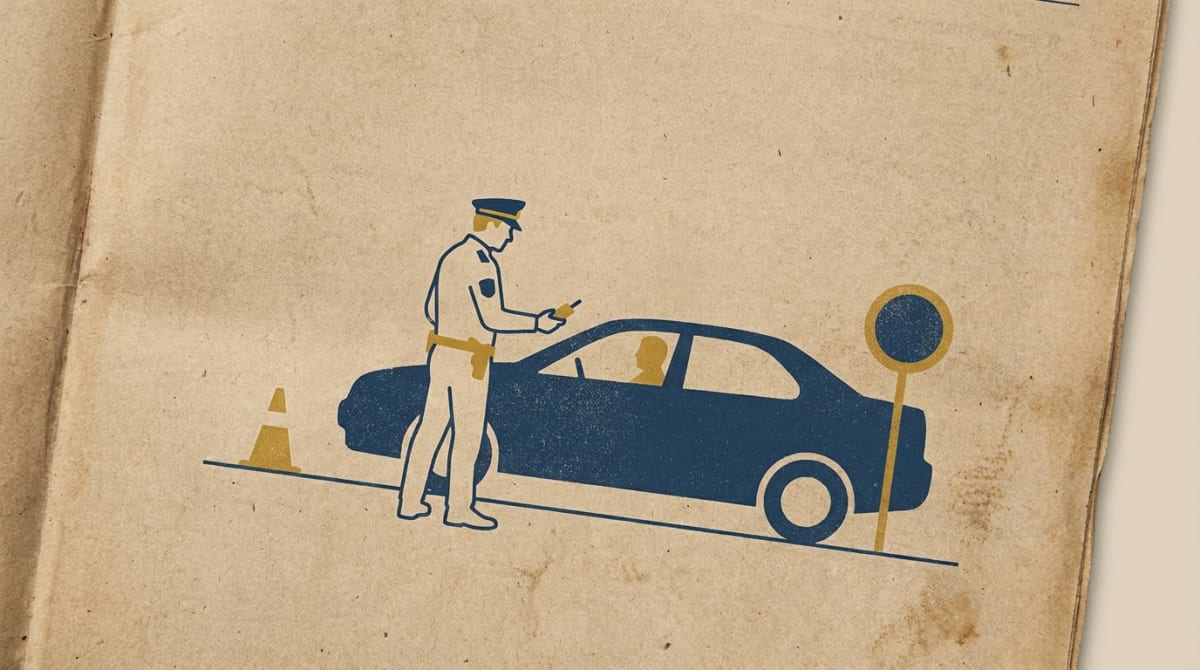 En stiliserad illustration som visar en polis i en beige uniform som står bredvid en mörkblå bil. I bilen syns konturerna av en person bakom ratten. Vid sidan av polisen finns en orange trafikkon och längre bort ett runt trafikmärke.