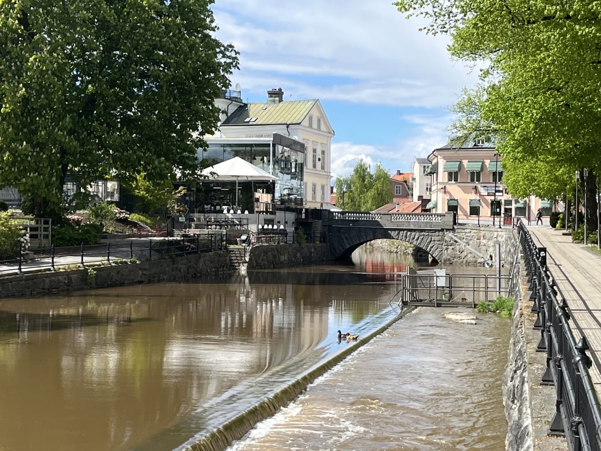 En bild som visar en flod eller å i förgrunden med en bro och byggnader i bakgrunden. Två änder syns på vattnet. En gångväg löper längs floden till höger. Träd med gröna löv ramar in bilden på båda sidor.