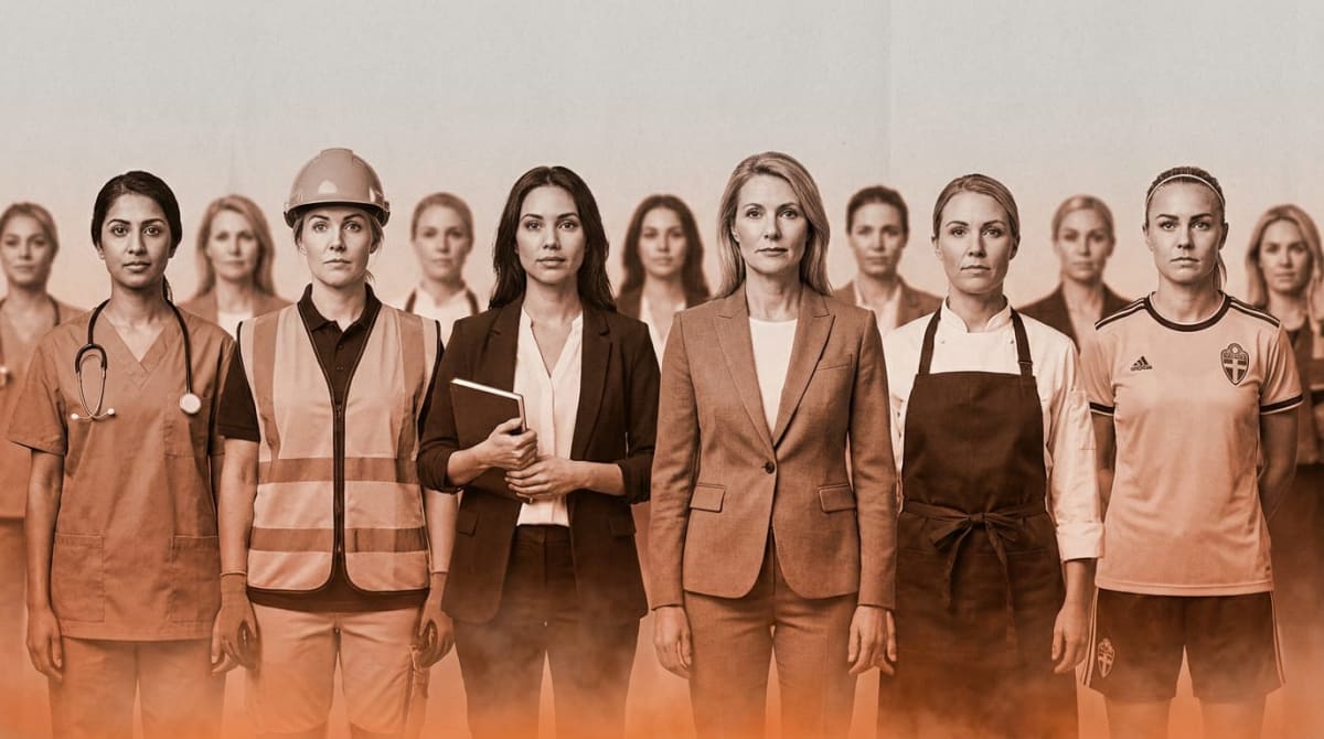 En grupp kvinnor med olika yrkeskläder är ordnade i rader framför en ljus bakgrund. I förgrunden syns sex kvinnor i kläder som symboliserar sjukvård, byggnation, kontorsarbete, företagande, kockyrket och fotboll.