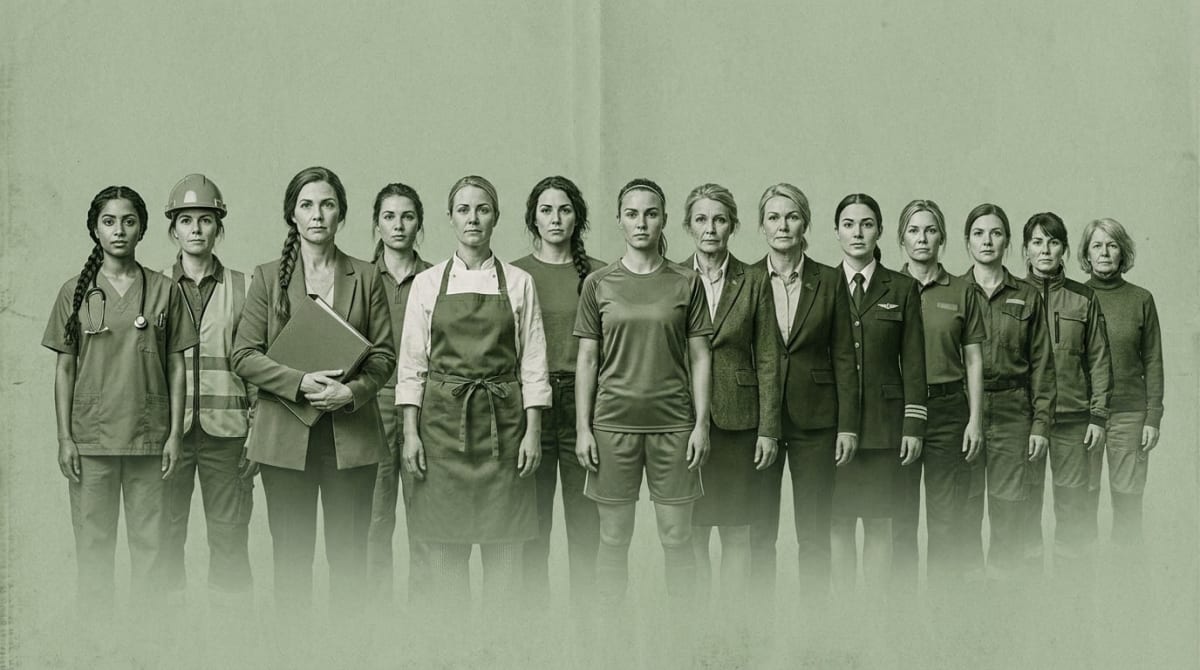 En grupp bestående av 15 kvinnor står uppställda bredvid varandra framför en enfärgad bakgrund. De bär olika typer av arbetskläder som representerar olika yrken. Bilden är tonad i en grönaktig färgskala.