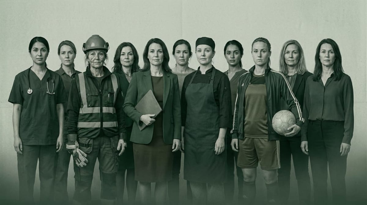 En grupp bestående av tio kvinnor står uppradade framför en ljus vägg. Kvinnorna är klädda i olika yrkeskläder som representerar olika professioner, till exempel sjukvård, byggbranschen, kockyrket, kontorsarbete och sport. Bilden är tonad i grågröna