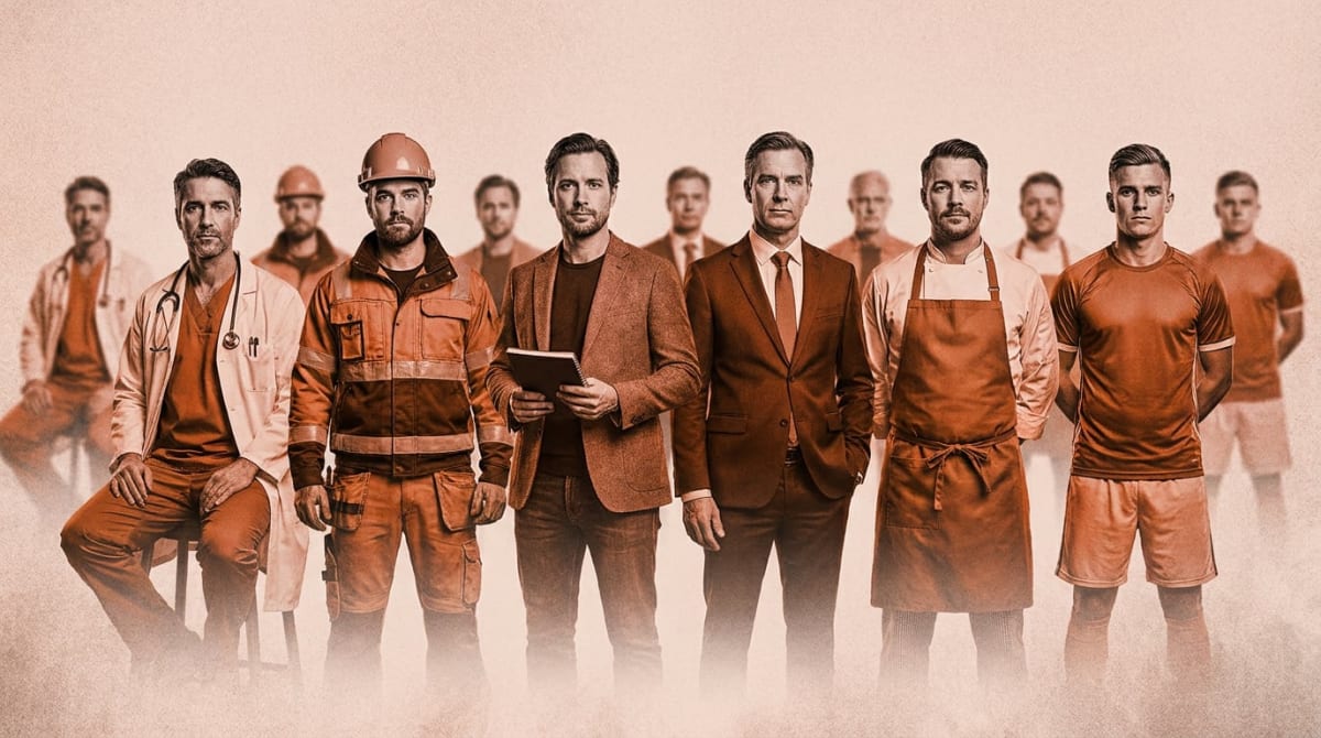 En grupp av tolv män i olika uniforms- och arbetskläder står uppställda framför en enfärgad bakgrund. De är klädda som bland annat läkare, byggarbetare, affärsmän, kockar och fotbollsspelare, och bilden är tonad i varma, orange-bruna nyanser.