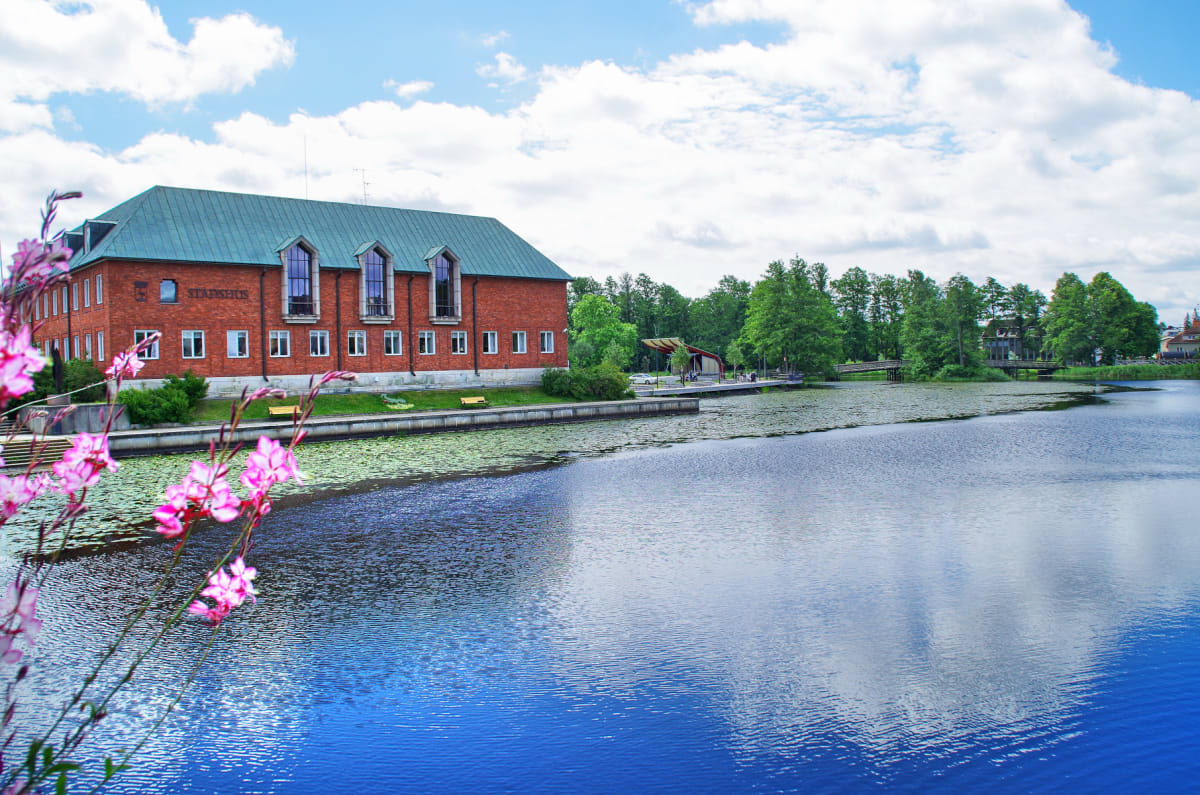 En röd tegelbyggnad med texten "STADSHUS" på fasaden står vid en sjö eller flod som till stora delar är täckt av näckrosblad. I förgrunden syns skärpigt rosa blommor. Himlen är blå med vita moln och på andra sidan vattnet finns en grönskande trädrad