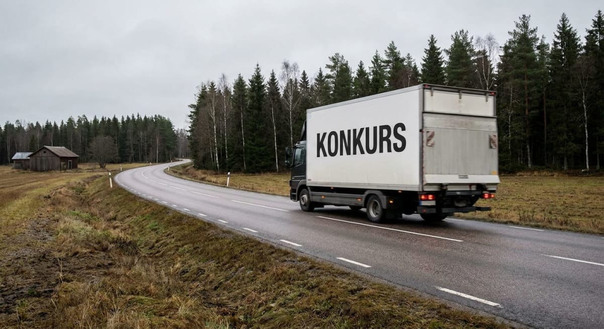 En svart lastbil med ett vitt lastutrymme där ordet "KONKURS" står skrivet i svart passerar på en landsväg. Vid vägkanten syns torrt gräs, fält och ett par äldre träbyggnader, samt en skog i bakgrunden under en gråmulen himmel.