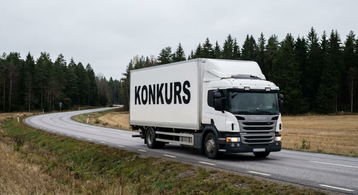 En vit lastbil med texten "KONKURS" på släpet kör på en asfalterad väg med medelhög hastighet. Vägen kantas av grönt gräs, torra fält och en tallskog i bakgrunden. Dagen är mulen.