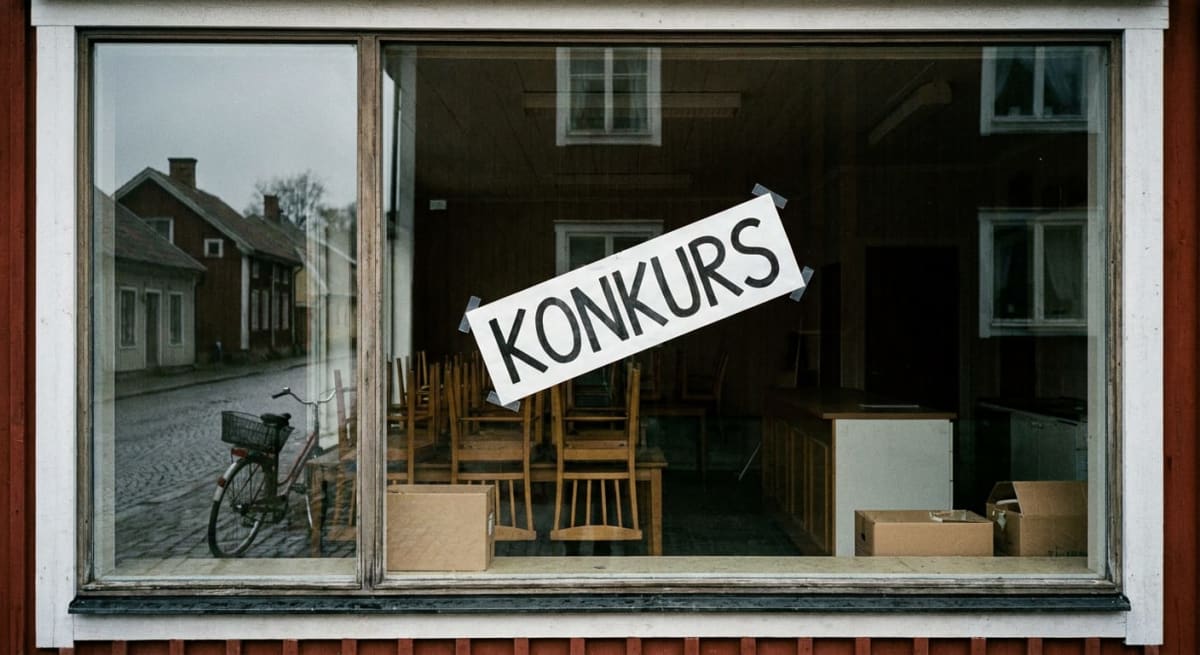 En bild utifrån som visar ett "KONKURS"-skylt på insidan av ett fönster. Genom fönstret syns stolar, ett köksbord, flyttkartonger på golvet och reflektioner av en cykel och hus på gatan utanför.
