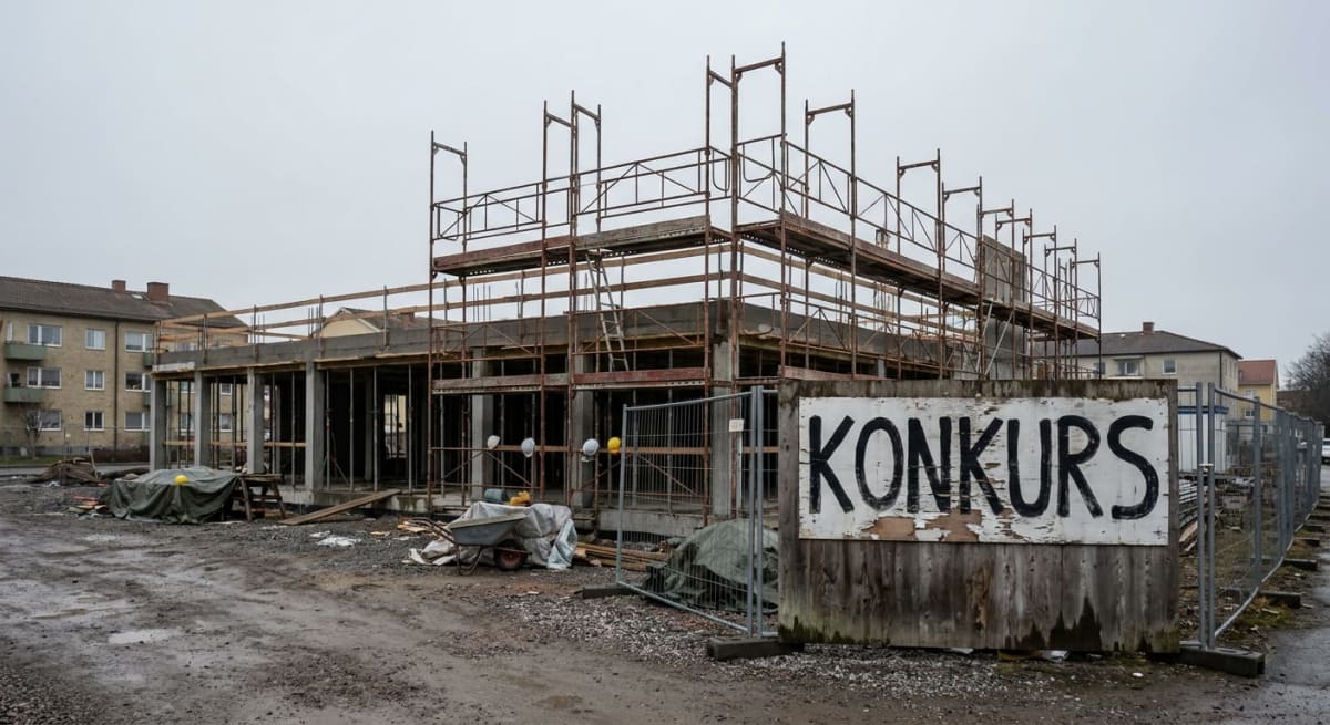 En ofärdig byggarbetsplats med en träskylt i förgrunden där ordet "KONKURS" är skrivet i svart. Byggnaden är under uppförande med betongstomme och byggnadsställningar. Marken är lerig och gropig, och i bakgrunden syns bostadshus under en gråskala him