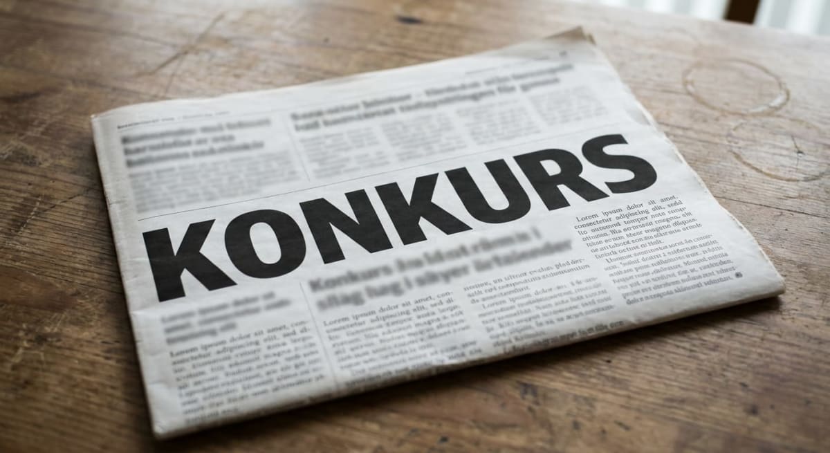 En tidning ligger vikt på ett träbord. Rubriken "KONKURS" syns tydligt på första sidan, och under den finns mindre otydlig text samt sektioner med Lorem Ipsum-text. Träbordet har synliga ådringar och en suddig ring från en kopp.
