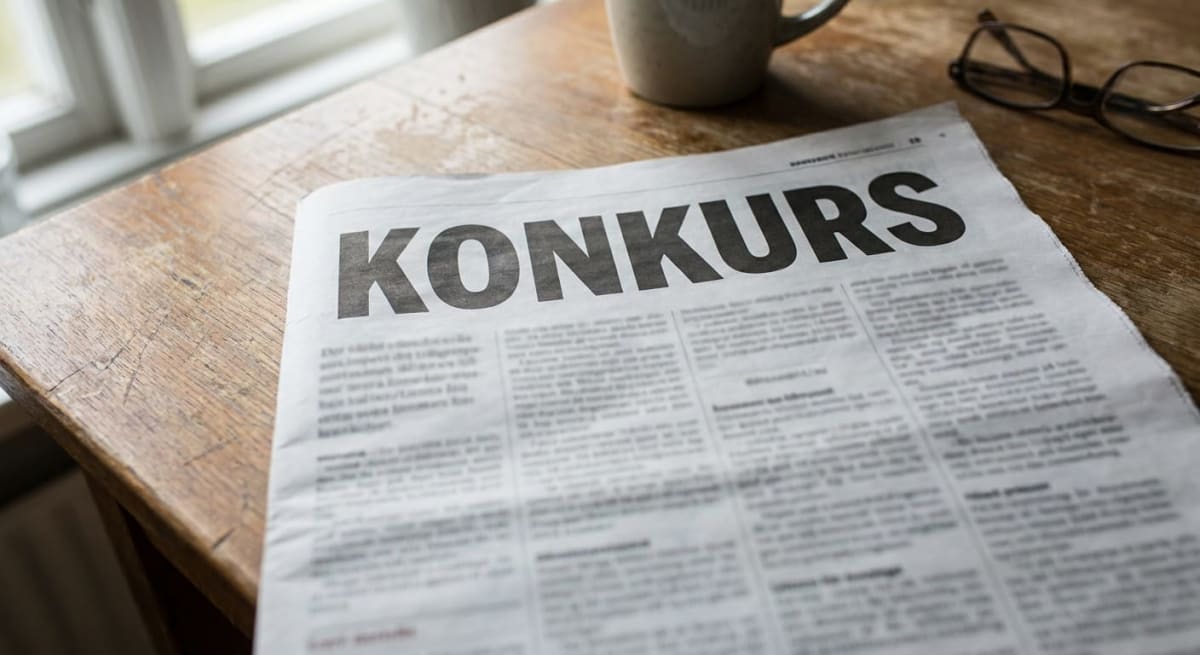 En tidning med ordet "KONKURS" i stor text på framsidan ligger på ett träbord. En kaffekopp och glasögon syns i bakgrunden. Ett fönster med vita karmar anas till vänster.