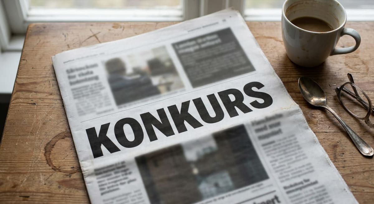 En tidning ligger vikt med rubriken "KONKURS" mitt i bilden på ett träbord. Bredvid tidningen finns en kaffekopp med spillda dryckesrester, en sked och ett par glasögon. I bakgrunden syns ett fönster.