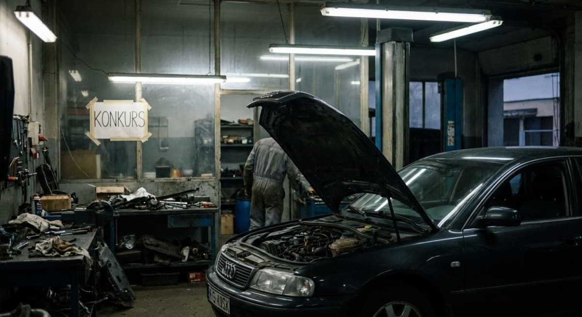 En verkstad med en mörk bil med öppen motorhuv i förgrunden till höger. I bakgrunden syns en person i en blå overall delvis vänd med ryggen mot kameran, samt verktyg och "KONKURS" skrivet på en lapp.