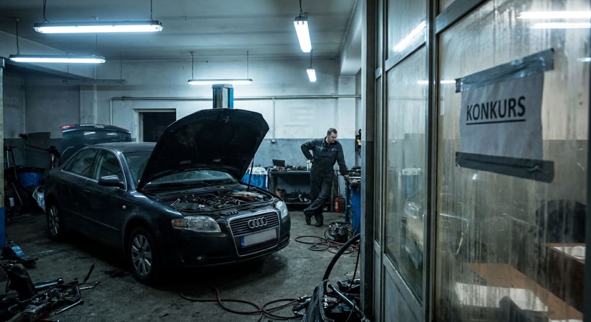 En verkstadsinredning med en svart bil med öppen motorhuv, där en person i mörk overall står lutad mot en bänk i bakgrunden. Ett papper med texten "KONKURS" är tejpat på en glasruta i förgrunden.