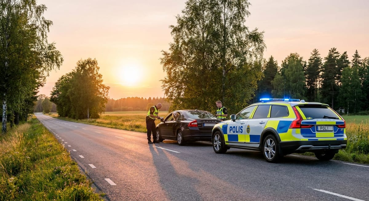 En landsväg i solnedgången där en polisbil står parkerad med blåljus aktiverade bakom en mörk personbil. Två poliser interagerar med den mörka bilen, där en hund syns kika ut ur fönstret.