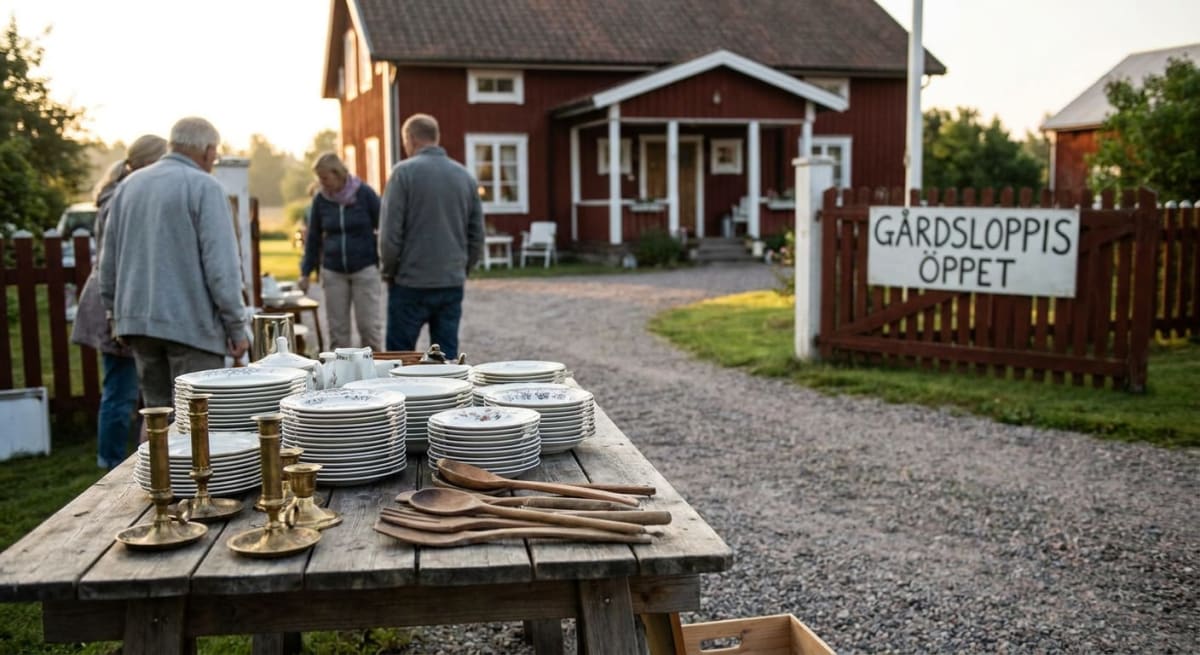 En bild som visar ett Gårdsloppis med flera personer som tittar på varor som är utställda på bord utomhus. I förgrunden syns ett träbord med travar av tallrikar, ljusstakar och träredskap. En röd stuga med vita knutar syns i bakgrunden och en skylt m