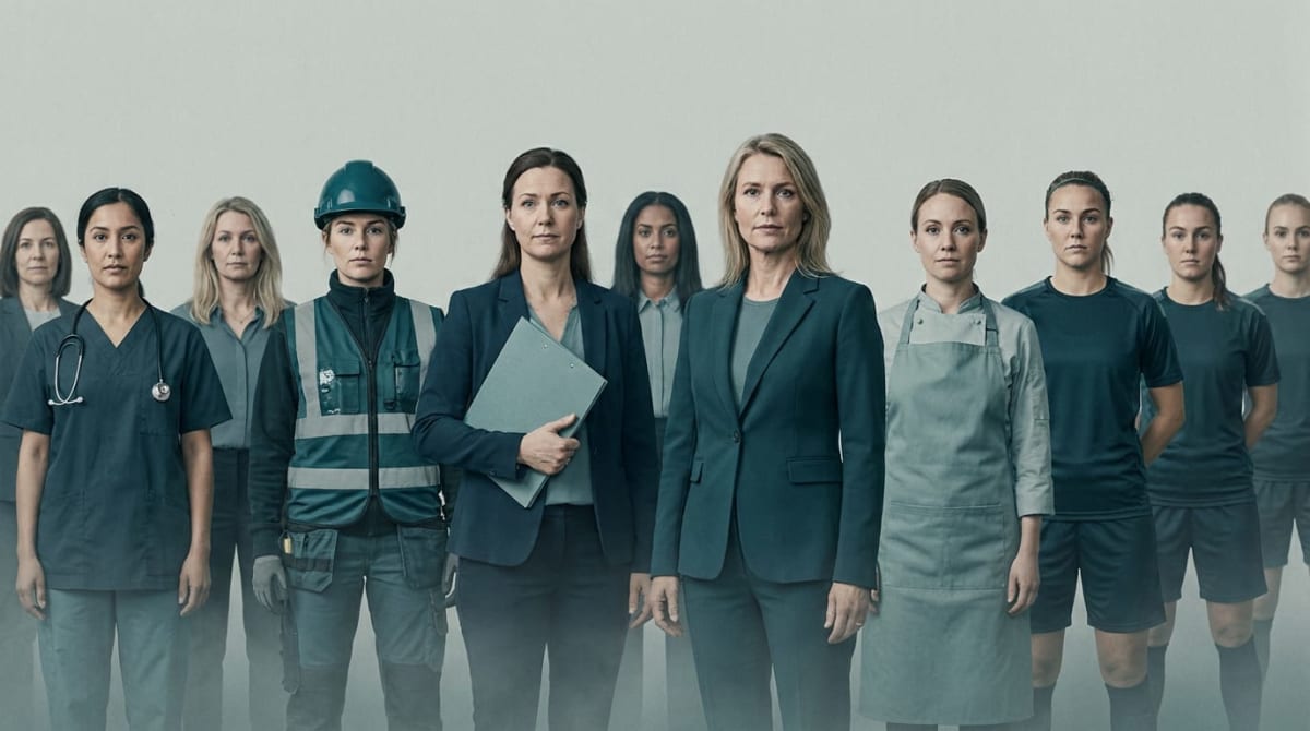 En grupp kvinnor står uppställda framför en ljus, enfärgad bakgrund och tittar rakt in i kameran. De är klädda i olika arbetskläder som representerar flera yrken.