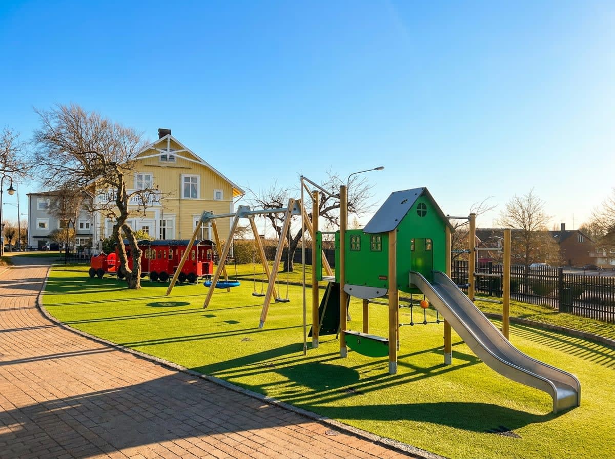 En lekplats med gungor, en röd leksakstågbana och ett grönt lekhus med rutschkana, omgiven av gräs och en tegelbelagd gångväg, under en klarblå himmel. I bakgrunden syns en gul byggnad med vita knutar och några kala träd.