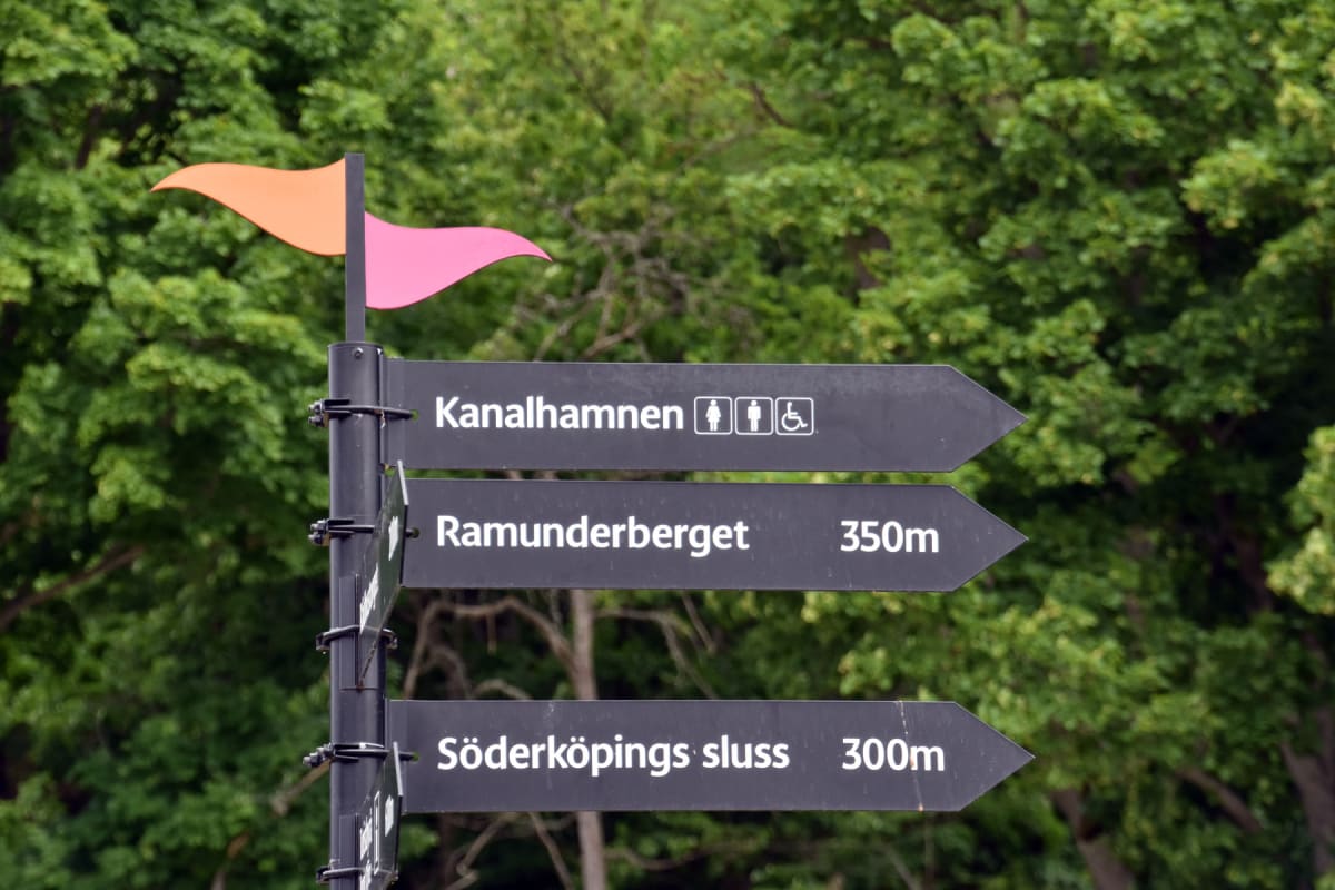 En svart metallstolpe med flera svarta skyltar som pekar åt höger. Skyltarna har vit text och visar vägen till "Kanalhamnen", "Ramunderberget 350m" och "Söderköpings sluss 300m". Ovanpå stolpen sitter två små, färgglada vimpelliknande dekorationer, e
