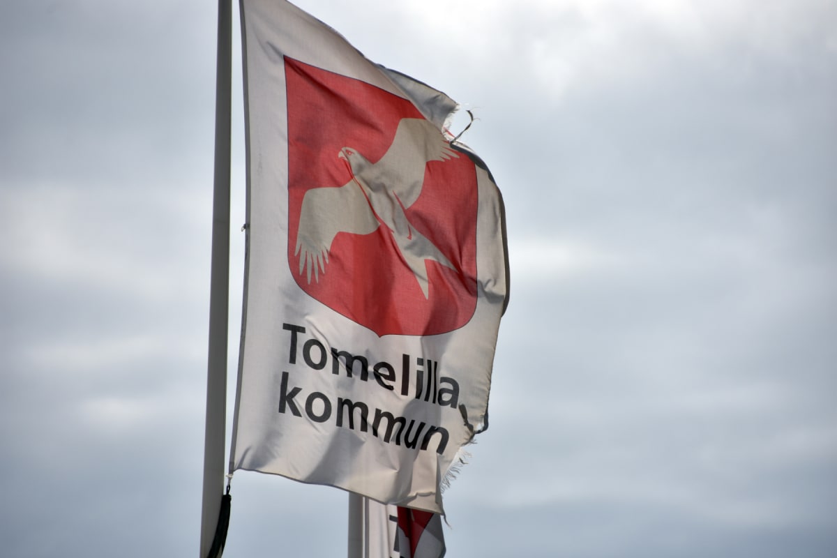 En flagga med texten "Tomelilla kommun" och ett vapen med en vit fågel på röd bakgrund, vajandes mot en molnig himmel. Flaggan är vit med rött sköldmärke och har svarta bokstäver. Den är något sliten i kanten.