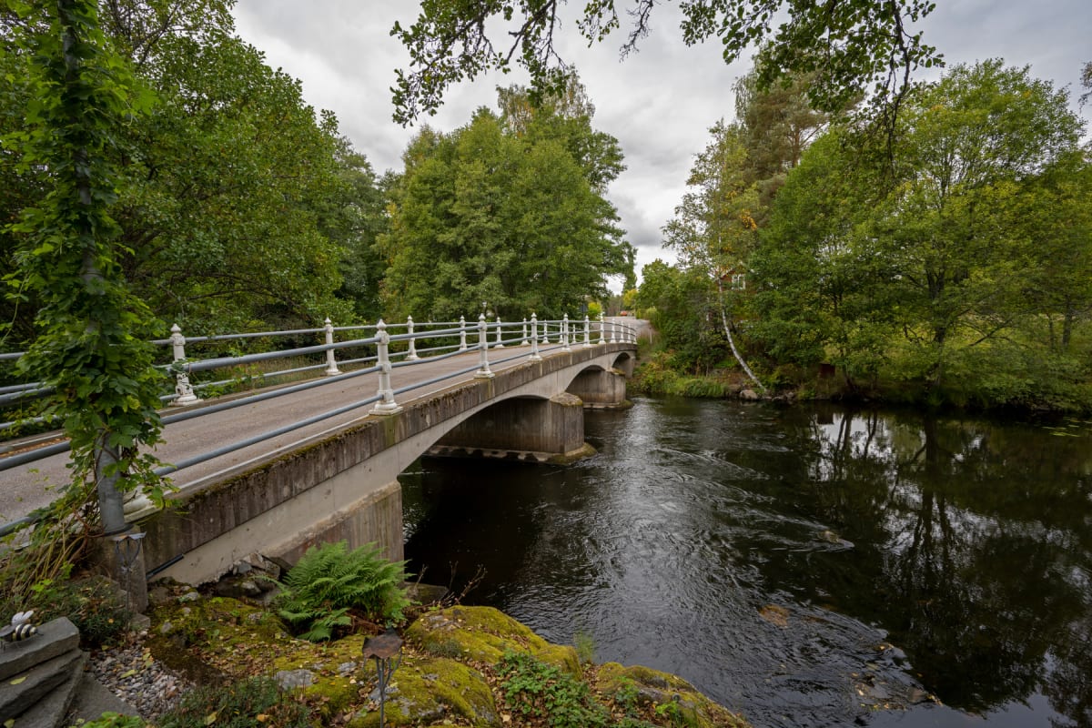 En betongbro med vita och gråa räcken sträcker sig över en mörk flod. På båda sidor av floden växer täta gröna träd och buskar. Himlen är täckt av moln och gråaktig. En smal väg korsar bron.