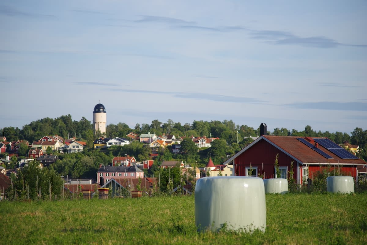 En bild över ett grönskande fält i förgrunden med flera vita inslagna höbalar. I mitten av bilden finns ett samhälle med bostadshus i olika färger, träd och i bakgrunden en vattentorn. Ett rött hus med solceller på taket syns i högerkant. En blå himm